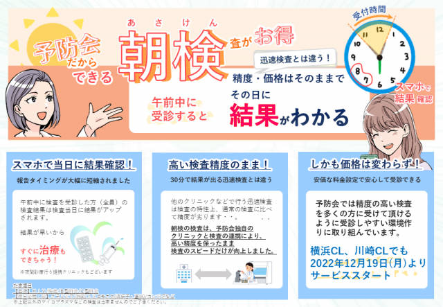 『 朝検 』のサービスが 横浜クリニック、川崎クリニックでも開始となります！